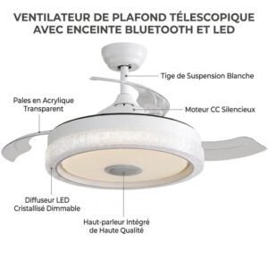 ROLINE Ventilateur de plafond 42 pouces avec lumière LED 32W RGB, moteur DC silencieux, 3 pales ABS, télécommande