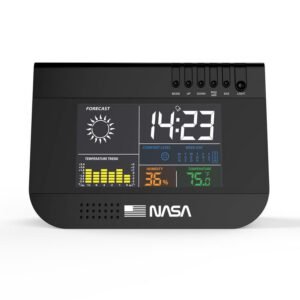 NASA WS100 Station Météo Intérieure – Écran LCD Couleur 3,3'' Rétroéclairé, Température et Humidité Intérieures, Icônes Météorologiques, Horloge, Calendrier et Alarme avec Snooze, Indicateur de Confort - Noir