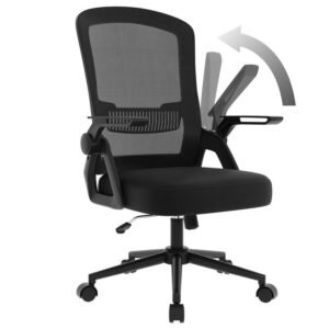 Chaise d'ordinateur pivotante avec accoudoir rabattable à 90° et support lombaire pour la maison/bureau-Noir