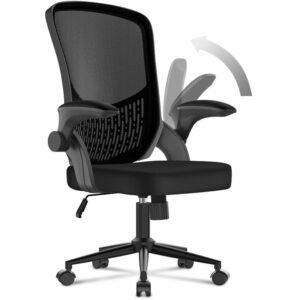Chaise de bureau ergonomique avec accoudoirs relevables, chaise en maille à dossier moyen avec support lombaire, hauteur réglable et dossier de rangement, chaise d'ordinateur confortable pour le bureau à domicile-Noir