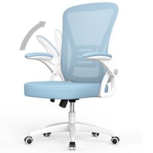 Chaise de bureau ergonomique avec accoudoir relevable à 90° et support lombaire, chaise de bureau avec coussin d'assise rembourré-Bleu