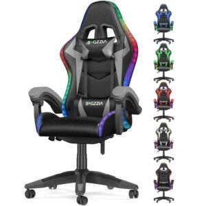 Chaise de jeu ergonomique avec effets lumineux LED, dossier réglable en hauteur avec support lombaire et appui-tête-Gris