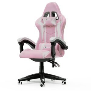 Chaise de jeu inclinable à haut dossier en cuir de PU avec appui-tête et soutien lombaire- rose et blanc