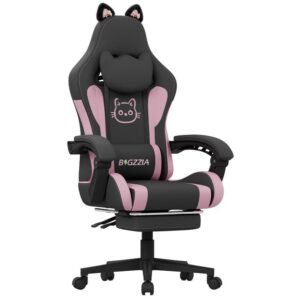 Chaise de jeu ergonomique avec oreilles de chat, support lombaire massant et repose-pieds - Rose et noir