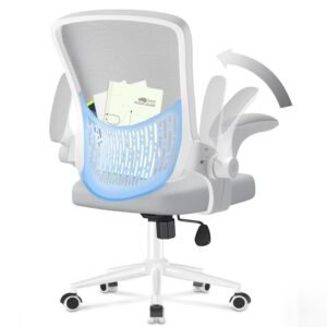 Chaise de bureau ergonomique avec accoudoirs relevables, chaise en maille à dossier moyen avec support lombaire, hauteur réglable et dossier de rangement, chaise d'ordinateur confortable pour le bureau à domicile-Gris