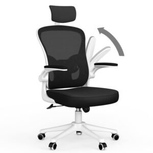 Chaise de bureau ergonomique avec hauteur réglable, appui-tête, accoudoirs relevables et support lombaire - blanc et noir
