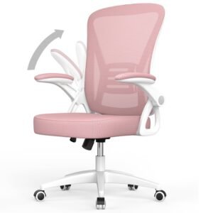 Chaise de bureau ergonomique avec accoudoir relevable à 90° et support lombaire, chaise de bureau avec coussin d'assise rembourré - rose