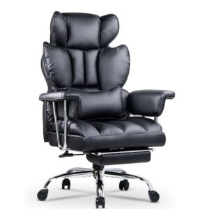 Chaise de bureau ergonomique en cuir avec dossier haut et repose-pieds pour le télétravail - Noir