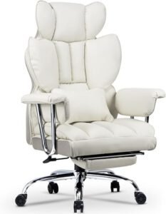 Chaise de bureau ergonomique en cuir avec dossier haut et repose-pieds pour le télétravail - Blanc