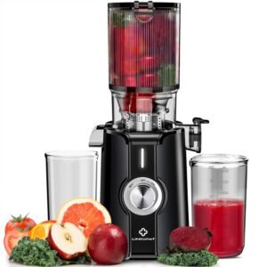 LINKChef SJ-051-EU-BL Extracteur de jus lent Centrifugeuse - CE Certifié 200W Puissance 1.2L Grande capacité Deux plateaux d'alimentation Légumes prêts à l'emploi - Noir