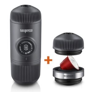 WACACO Nanopresso + NS Adapter Machine Espresso – 18 bars, café moulu + capsules Nespresso®, portable, sans électricité, idéale voyage & outdoor -Gris