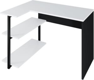 Bureau avec étagères LEVIRA Sieg II 110 cm Blanc et Noir – Bureau avec rayonnages, moderne, fonctionnel et résistant pour télétravail
