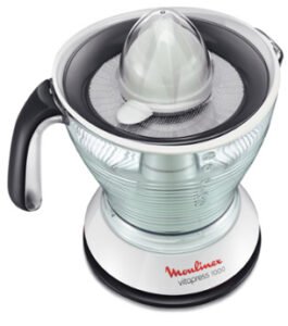 MOULINEX PC302B10 Presse-agrumes 1L - Vitapress blanc gris - Double filtre (avec/sans pulpe) - 1 vitesse - Double sens de rotation - Design moderne - Range-cordon - Socle 360°