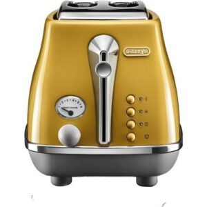 Grille-pain De'Longhi Icona Capitals 2 fentes 900 W inox jaune, contrôle électronique 6 niveaux, mode bagel unilatéral, chauffe-viennoiseries