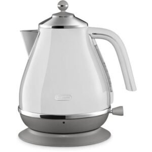 Bouilloire électrique De'Longhi Icona Capitals 1,7 L acier inox blanc Base pivotante 360° sans fil Élément chauffant caché Filtre anti-calcaire amovible Indicateur de niveau