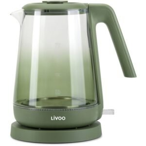 Bouilloire électrique LIVOO DOD216V en verre 1,7 L 2200 W, socle 360°, rétroéclairage intérieur bleu, filtre anticalcaire, arrêt automatique, coloris vert