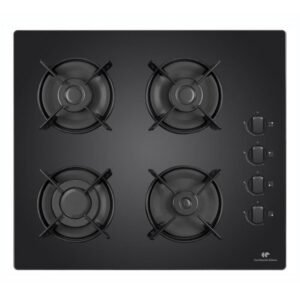 Table de cuisson gaz Continental Edison 4 foyers verre trempé noir allumage électronique 230 V 7,5 kW manettes grilles robustes dimensions 59,4 x 52,3 cm
