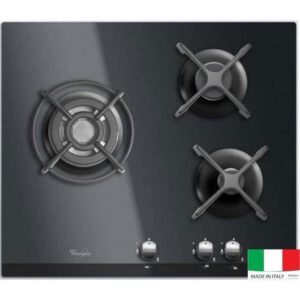 Table de cuisson gaz Whirlpool AKT 404/NB 3 foyers avec verre trempé Noir 60 cm, allumage électronique, sécurité thermocouple, grilles fonte