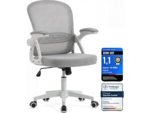 Chaise de Bureau Ergonomique,Fauteuil de Bureau à Dossier Maille, Accoudoirs Relevables à 90,Blanc